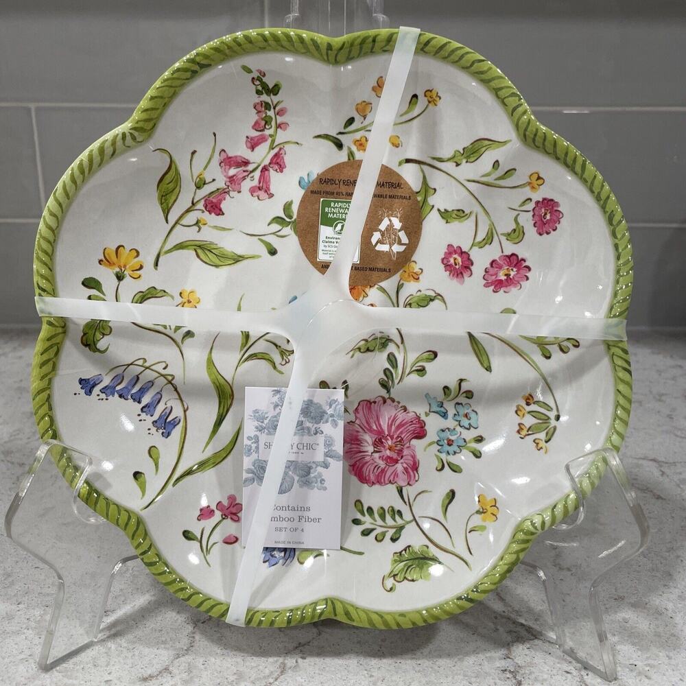 Set 4 Scalloped 9” Lunch Salad Plates Melamine Shabby Chic Easter Spring Floral